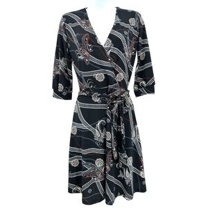 H&M Women's XS Dark Navy Blue Paisley Knee Length Belted Wrap Dress 3/4 Sleeves